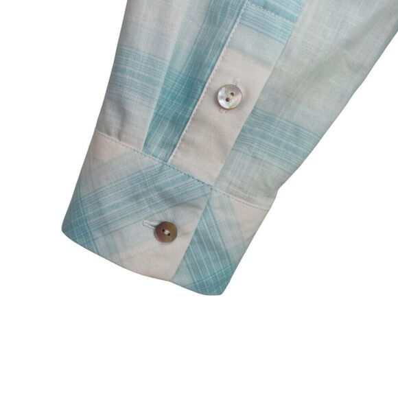Soft Surroundings Parker Plaid Tunic Top Large Aqua Button Front Pockets Spring - Picture 6 of 8
